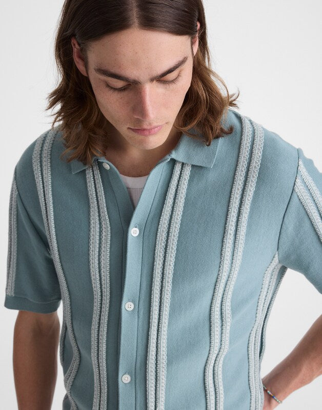 Striped Button-Up Sweater Polo in Everyday Cotton DISTANT OCEAN