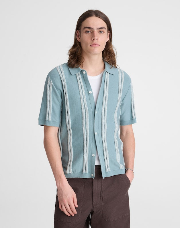 Striped Button-Up Sweater Polo in Everyday Cotton DISTANT OCEAN