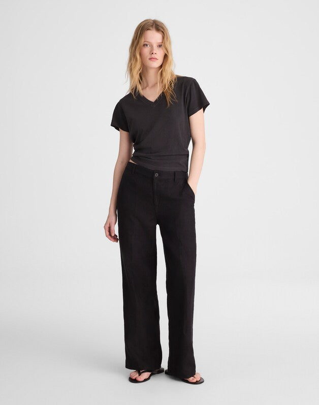 The Zoe Relaxed Straight Pant in 100% Linen JET BLACK