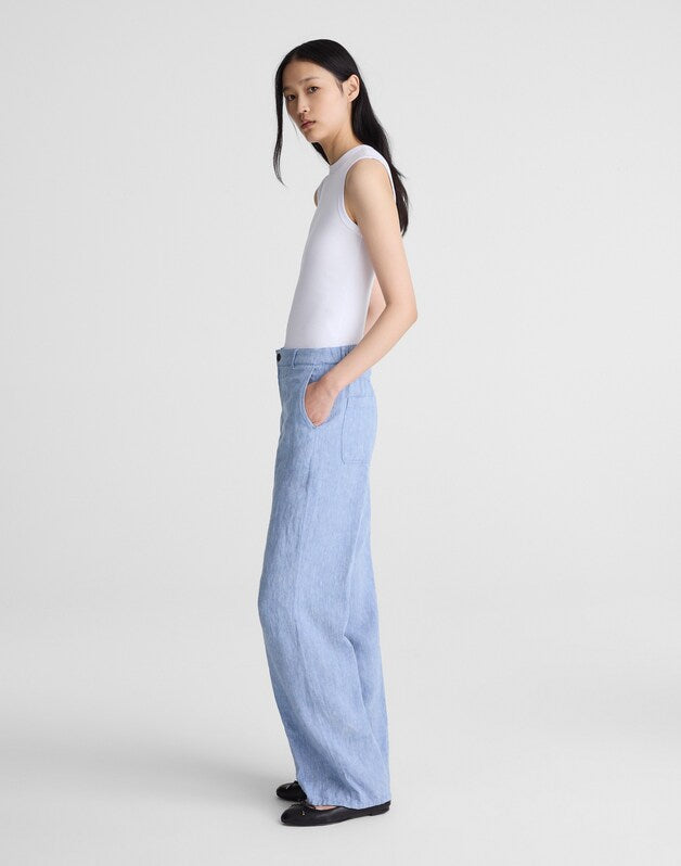 The Zoe Relaxed Straight Pant in 100% Linen SUNFADED BLUE