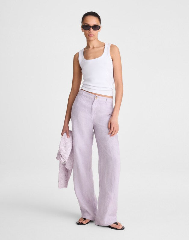 The Zoe Relaxed Straight Pant in 100% Linen LILAC CHAMBRAY