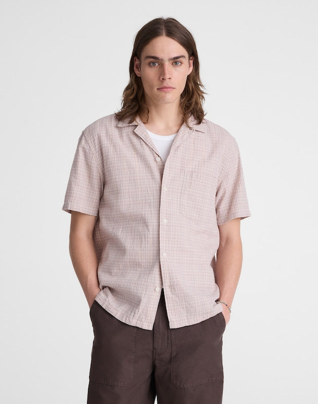 Short-Sleeve Camp Shirt in Crinkled Cotton Blend STRIPE TEXTURE PLAID