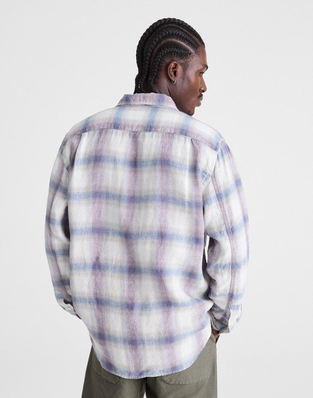 Button-Up Shirt in Linen PURPLE CROSS PLAID