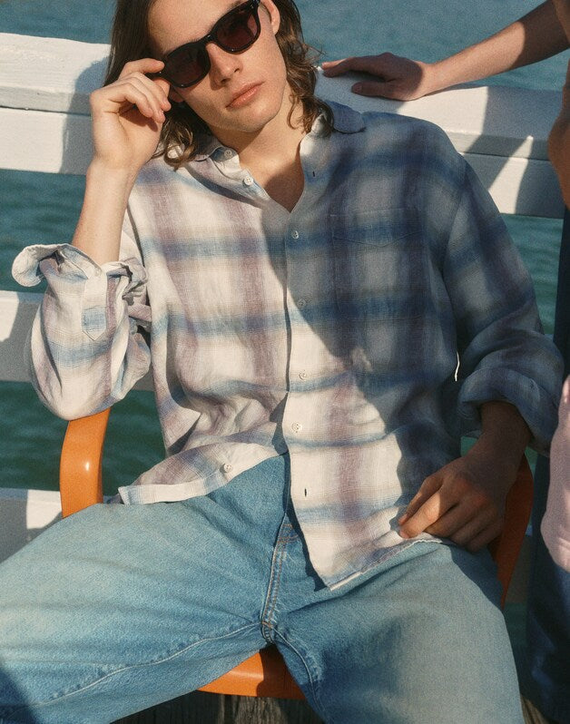 Button-Up Shirt in Linen PURPLE CROSS PLAID