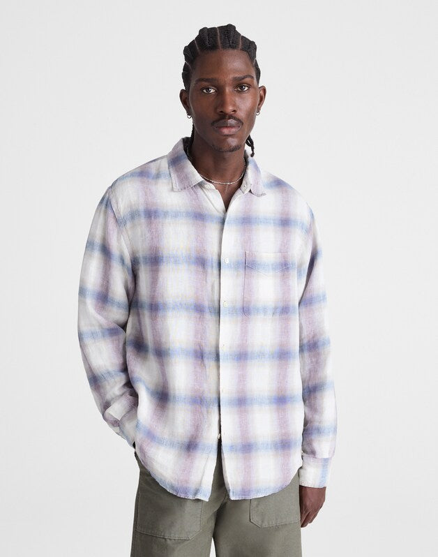 Button-Up Shirt in Linen PURPLE CROSS PLAID