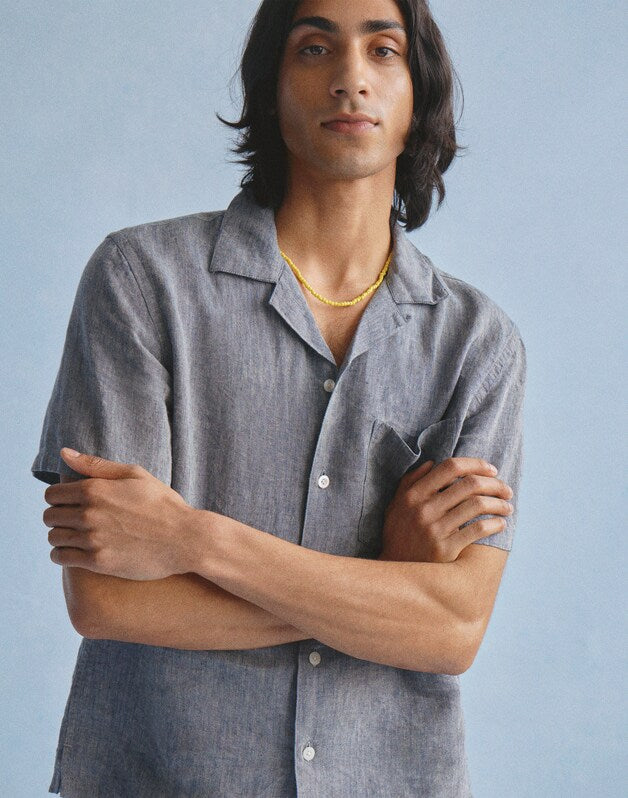Short-Sleeve Camp Shirt in Linen DARK CHAMBRAY