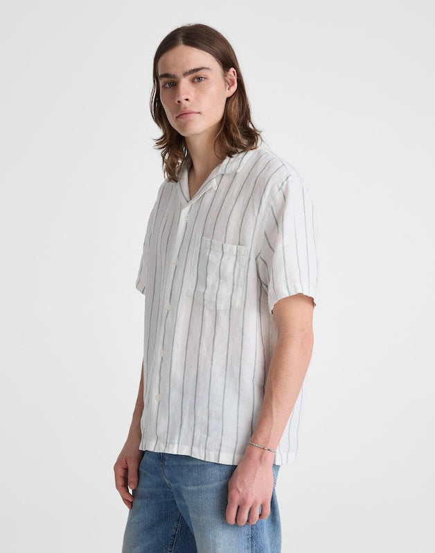 Short-Sleeve Camp Shirt in Linen SIMPLE STRIPE FLIPPED