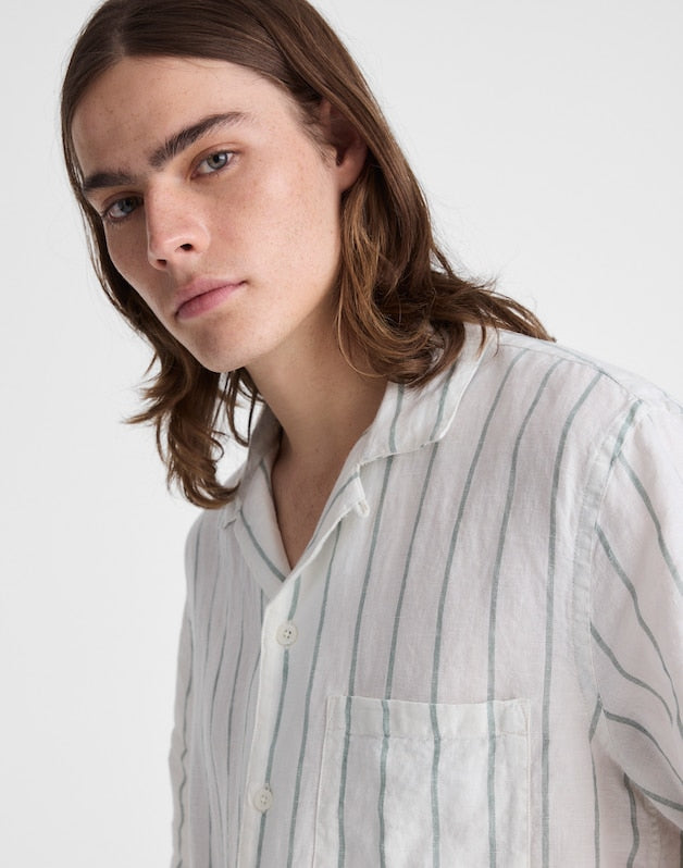 Short-Sleeve Camp Shirt in Linen SIMPLE STRIPE FLIPPED