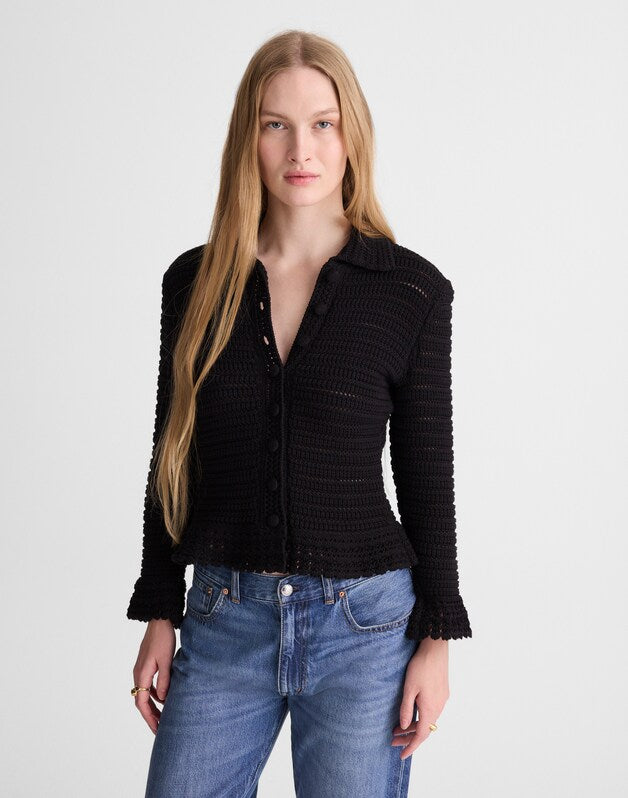 Pointelle-Knit Peplum Cardigan JET BLACK