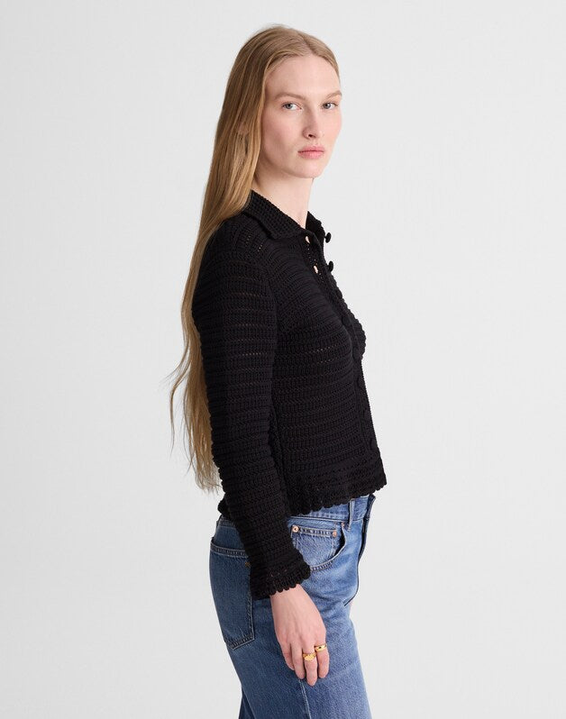 Pointelle-Knit Peplum Cardigan JET BLACK