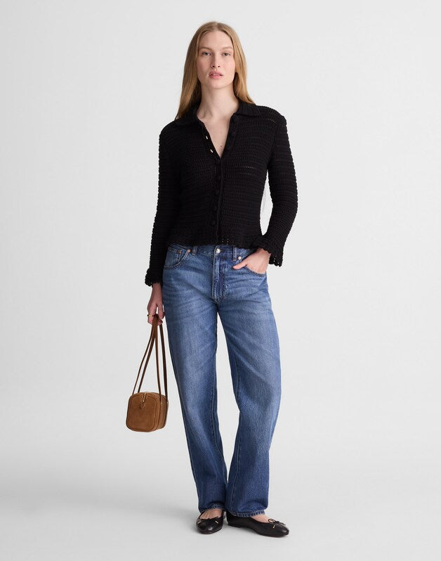 Pointelle-Knit Peplum Cardigan JET BLACK