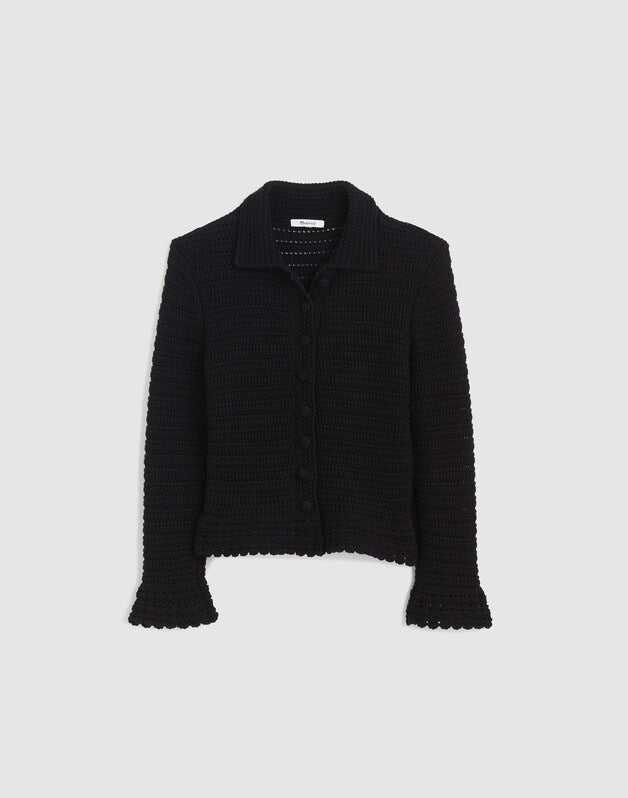 Pointelle-Knit Peplum Cardigan JET BLACK