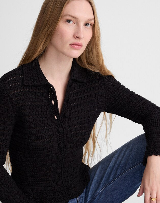 Pointelle-Knit Peplum Cardigan JET BLACK