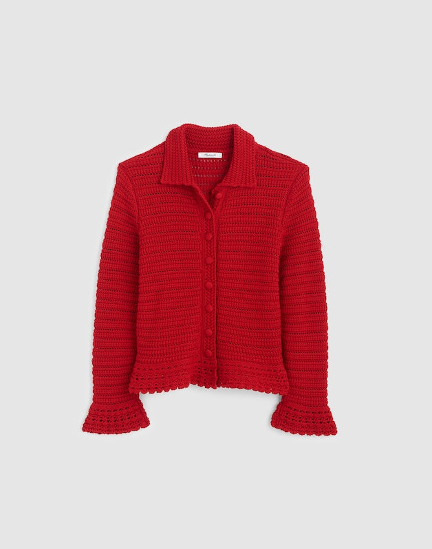 Pointelle-Knit Peplum Cardigan CRIMSON