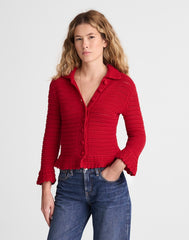 Pointelle-Knit Peplum Cardigan CRIMSON