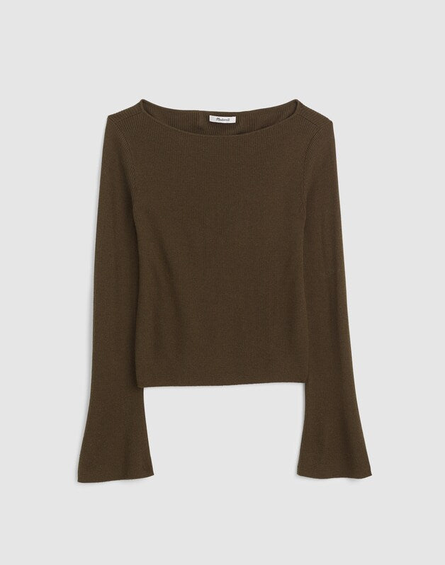 Flared-Sleeve Boatneck Sweater in Merino Wool-Silk Blend OLIVE
