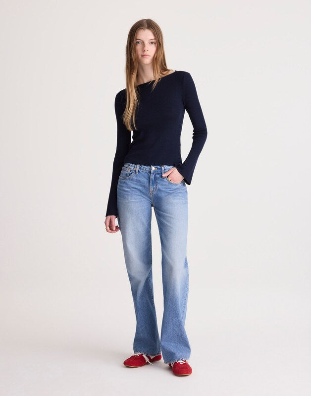 Flared-Sleeve Boatneck Sweater in Merino Wool-Silk Blend DARK NAVY