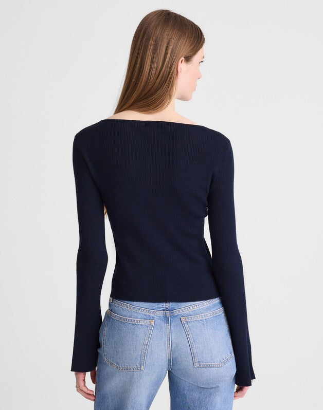 Flared-Sleeve Boatneck Sweater in Merino Wool-Silk Blend DARK NAVY