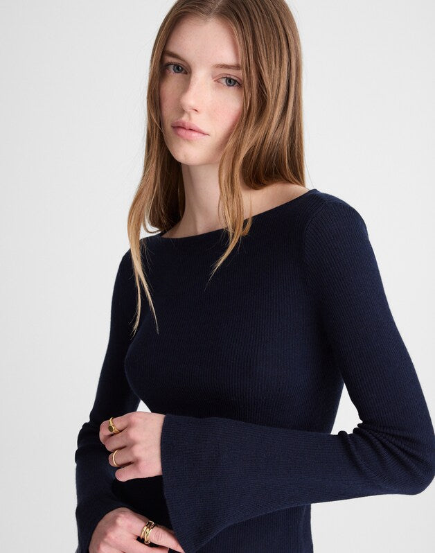 Flared-Sleeve Boatneck Sweater in Merino Wool-Silk Blend DARK NAVY