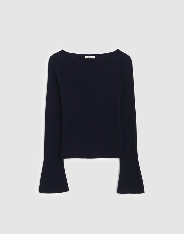Flared-Sleeve Boatneck Sweater in Merino Wool-Silk Blend DARK NAVY