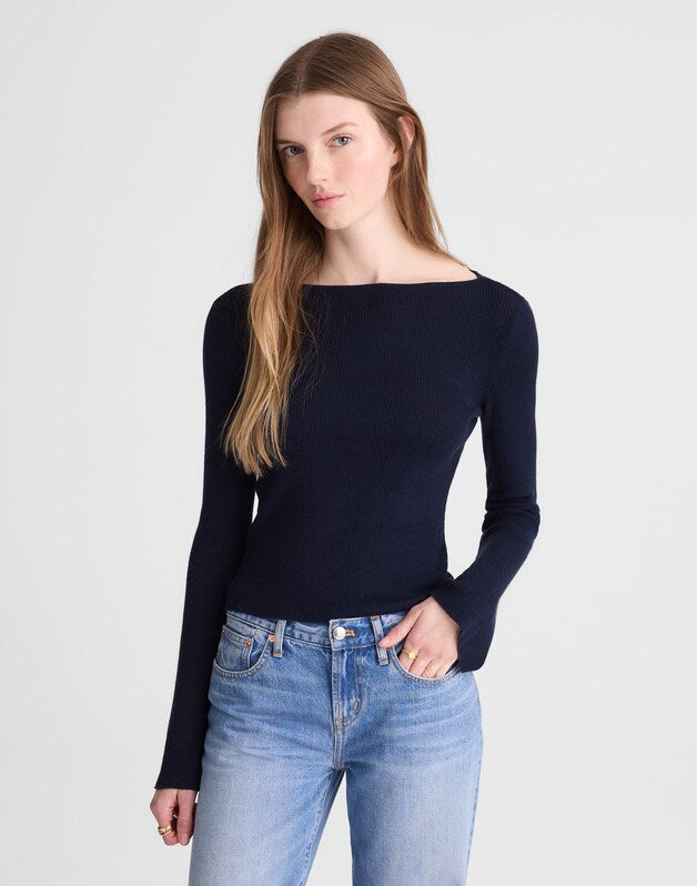Flared-Sleeve Boatneck Sweater in Merino Wool-Silk Blend DARK NAVY