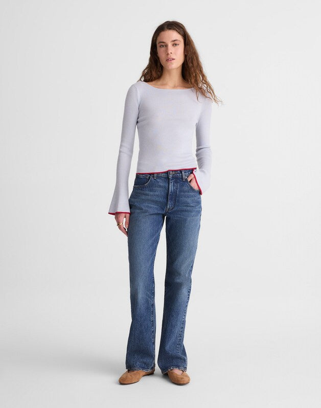 Flared-Sleeve Boatneck Sweater in Merino Wool-Silk Blend SOFT BLUE WITH RED TIPPING