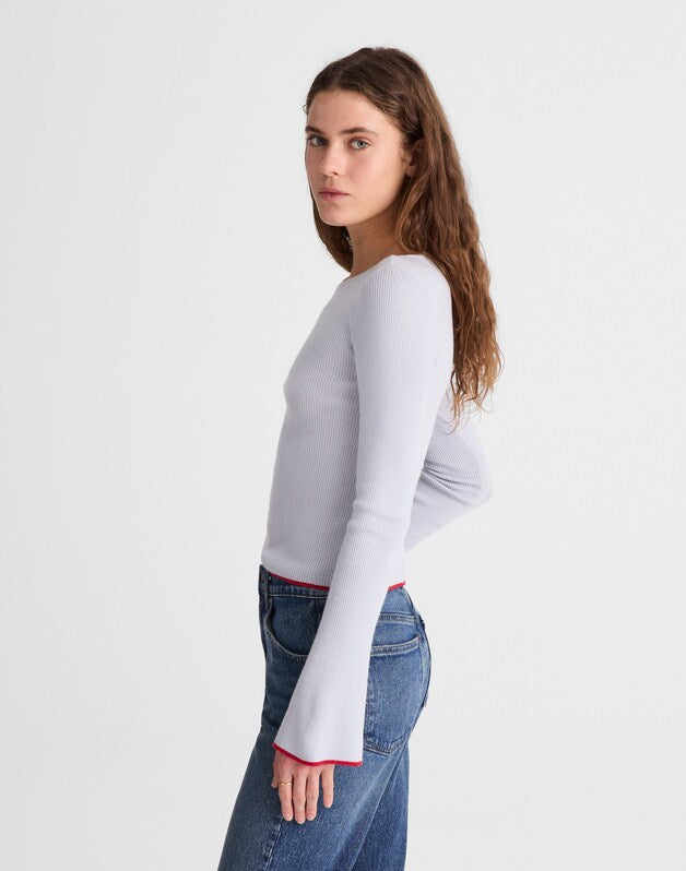 Flared-Sleeve Boatneck Sweater in Merino Wool-Silk Blend SOFT BLUE WITH RED TIPPING