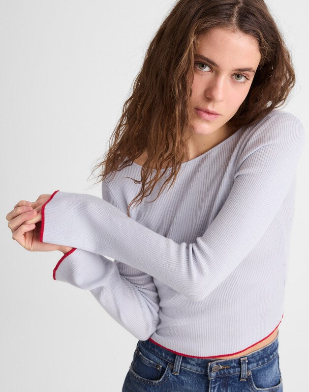 Flared-Sleeve Boatneck Sweater in Merino Wool-Silk Blend SOFT BLUE WITH RED TIPPING