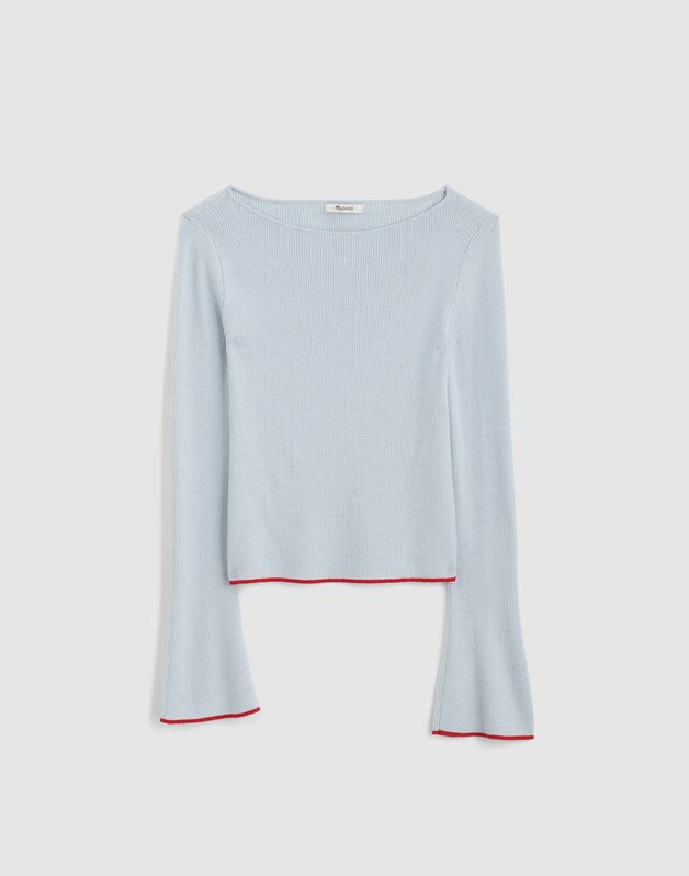 Flared-Sleeve Boatneck Sweater in Merino Wool-Silk Blend SOFT BLUE WITH RED TIPPING