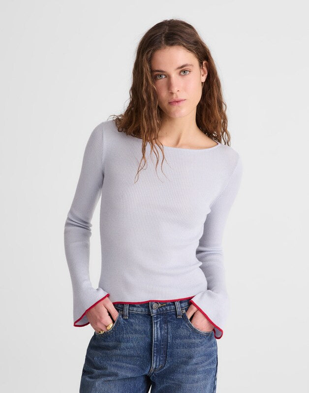Flared-Sleeve Boatneck Sweater in Merino Wool-Silk Blend SOFT BLUE WITH RED TIPPING