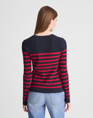 Striped Boucl&eacute;-Knit Cardigan NAVY AND RED STRIPE