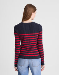 Striped Boucl&eacute;-Knit Cardigan NAVY AND RED STRIPE