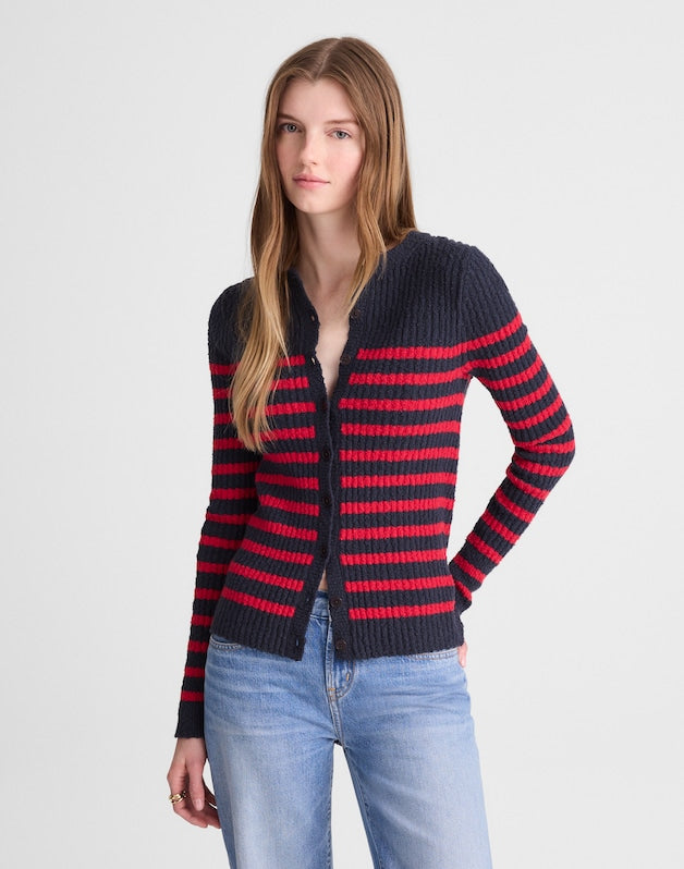 Striped Boucl&eacute;-Knit Cardigan NAVY AND RED STRIPE