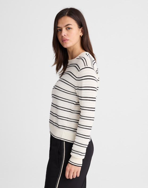 Striped Textured-Stitch Crewneck Sweater in 100% Cotton IVORY AND BLACK DOUBLE
