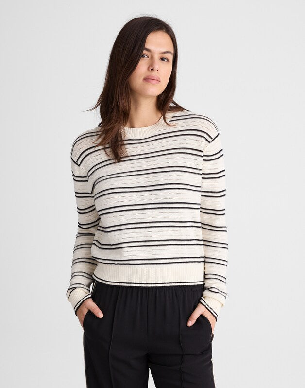 Striped Textured-Stitch Crewneck Sweater in 100% Cotton IVORY AND BLACK DOUBLE