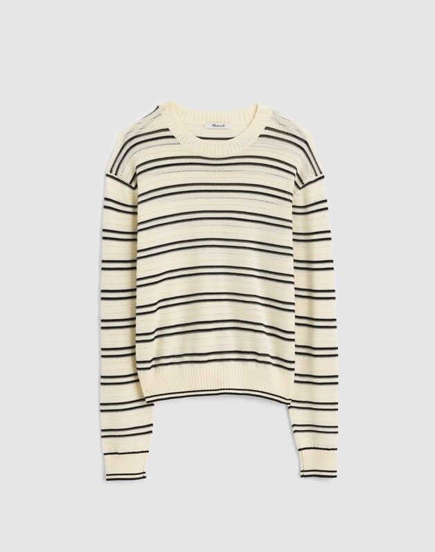Striped Textured-Stitch Crewneck Sweater in 100% Cotton IVORY AND BLACK DOUBLE
