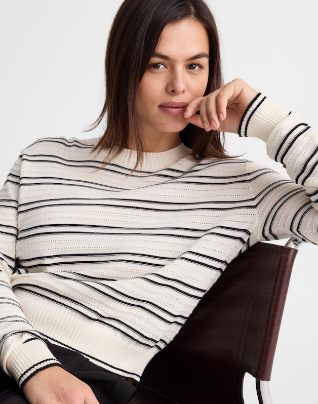 Striped Textured-Stitch Crewneck Sweater in 100% Cotton IVORY AND BLACK DOUBLE