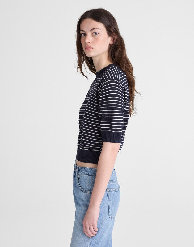 Textural-Stitch Crewneck Sweater in 100% Cotton NAVY AND IVORY MINI STRIPE