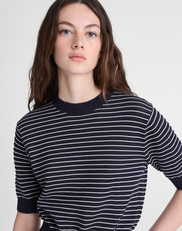 Textural-Stitch Crewneck Sweater in 100% Cotton NAVY AND IVORY MINI STRIPE