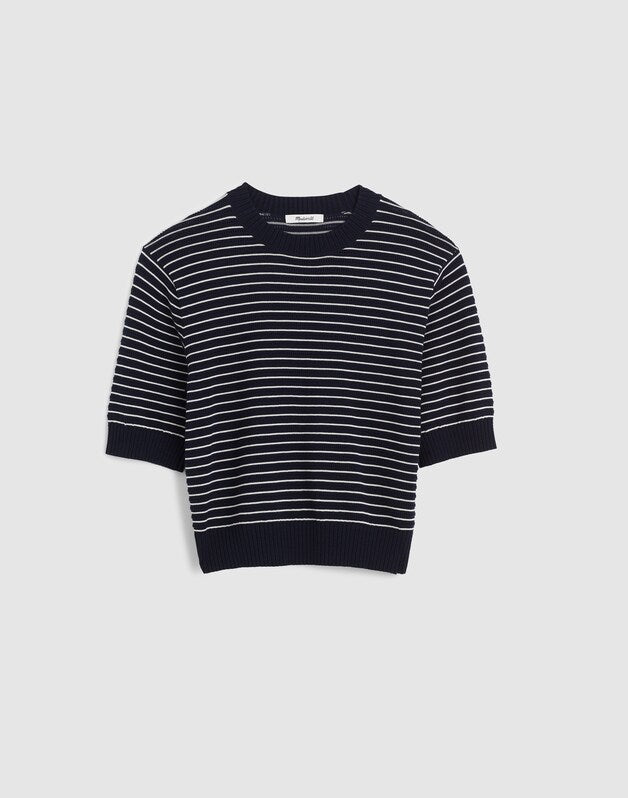 Textural-Stitch Crewneck Sweater in 100% Cotton NAVY AND IVORY MINI STRIPE
