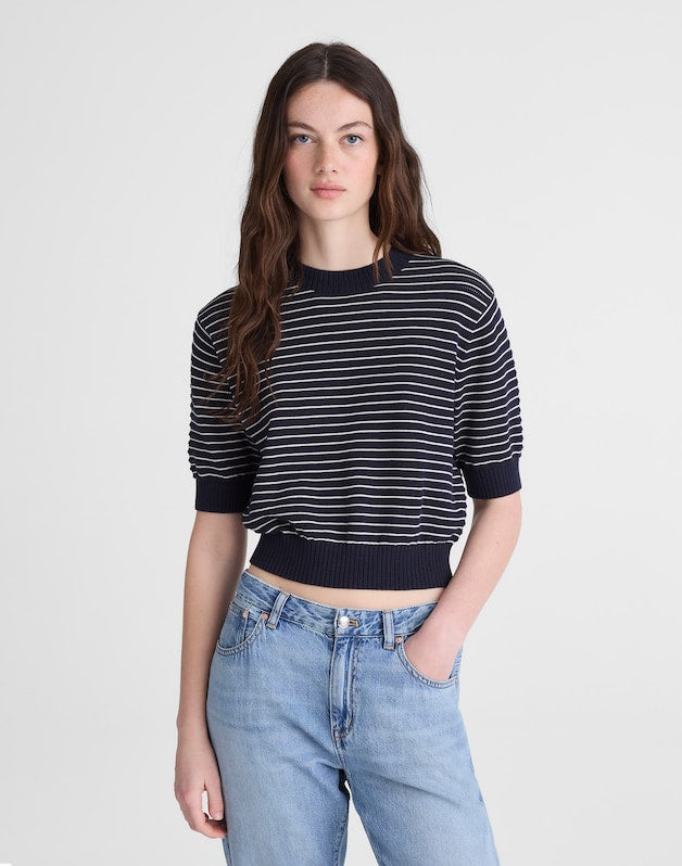 Textural-Stitch Crewneck Sweater in 100% Cotton NAVY AND IVORY MINI STRIPE