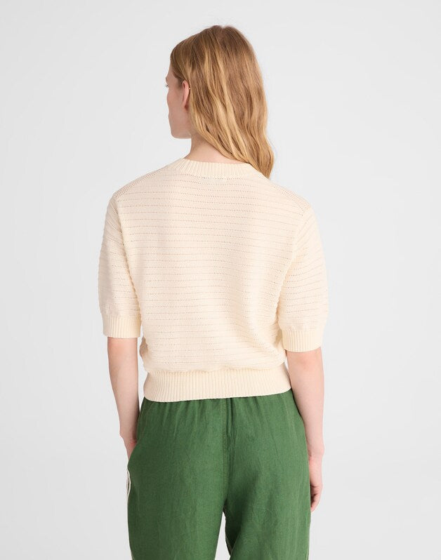 Textural-Stitch Crewneck Sweater in 100% Cotton VINTAGE IVORY