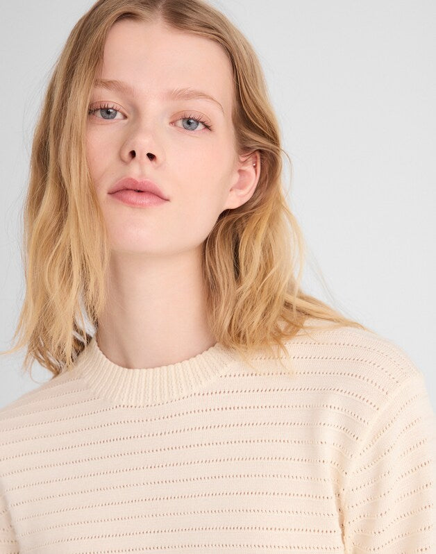 Textural-Stitch Crewneck Sweater in 100% Cotton VINTAGE IVORY