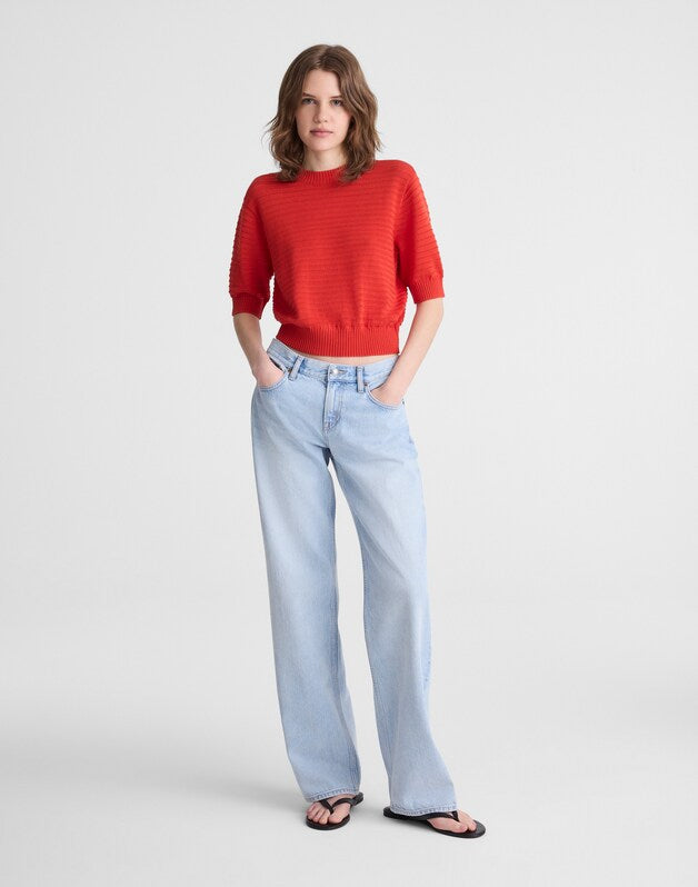 Textural-Stitch Crewneck Sweater in 100% Cotton WILD POPPY