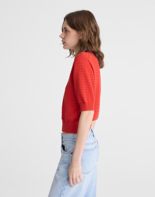 Textural-Stitch Crewneck Sweater in 100% Cotton WILD POPPY