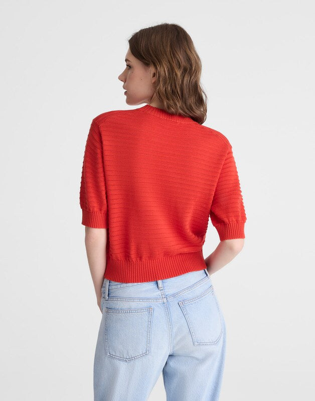 Textural-Stitch Crewneck Sweater in 100% Cotton WILD POPPY