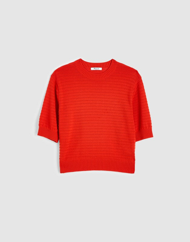 Textural-Stitch Crewneck Sweater in 100% Cotton WILD POPPY