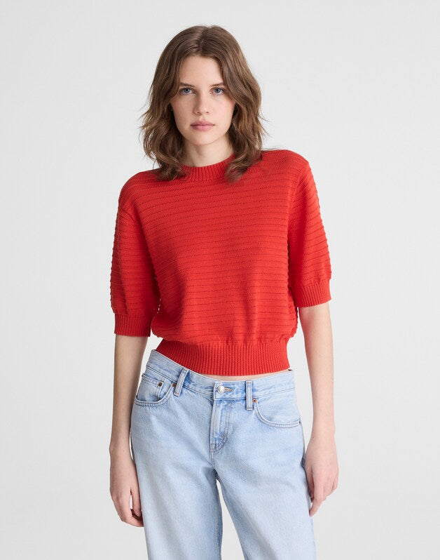Textural-Stitch Crewneck Sweater in 100% Cotton WILD POPPY