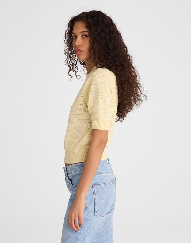 Textural-Stitch Crewneck Sweater in 100% Cotton SHEER PINEAPPLE
