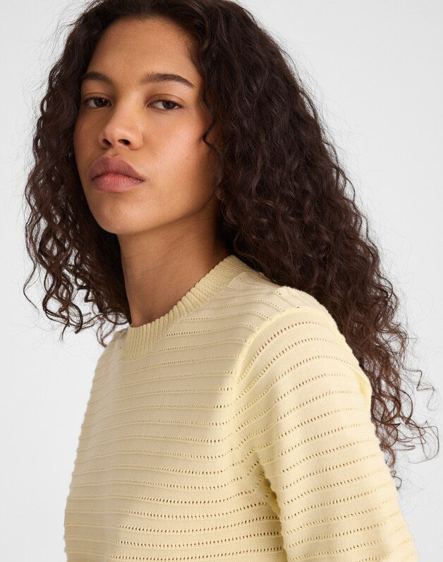Textural-Stitch Crewneck Sweater in 100% Cotton SHEER PINEAPPLE